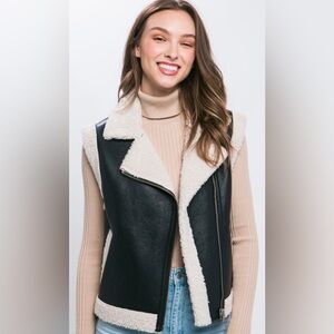 Amarny Black Faux Leather Sherpa Trim Vest Moto Jacket